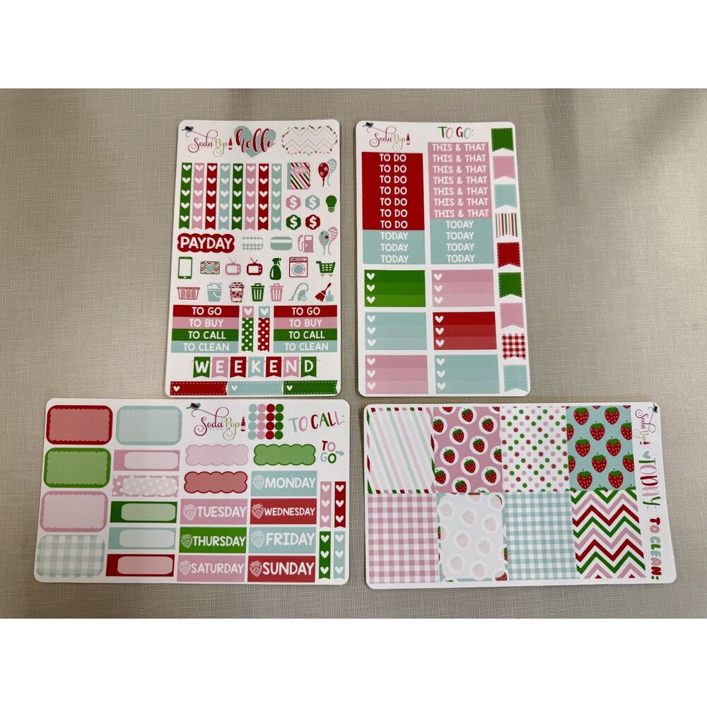 New! Soda Pop Studios 4 page planner sticker set strawberry picking themed